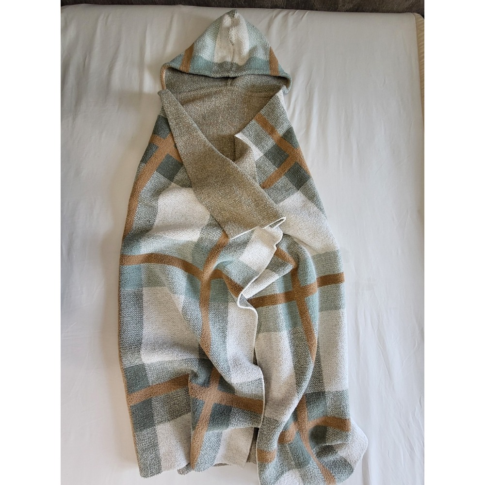 Paper Source Plaid Hooded Wearable Blanket Wrap Green Tan One Size Cozy Lounge